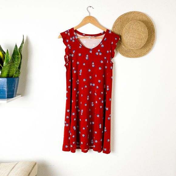 LOFT Dresses & Skirts - LOFT Red Ruffle Tank Shift Dress Dandelion Flowers